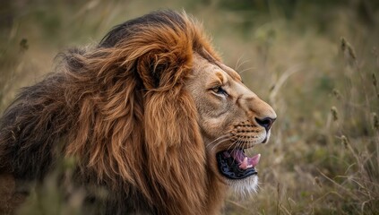 Obraz premium Close-up of a majestic lion shaking water droplets off its mane in a natural grassland ecosystem
