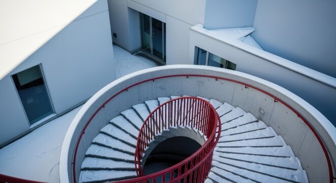 Spiral staircase in snow surrounded by white buildings from above