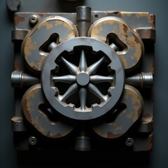 Fototapeta premium Top-down shot of metal stamping die with sharp engraved edges and textured mechanical housing.