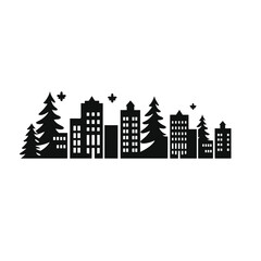 Silhouette of a cityscape with evergreen trees and stars