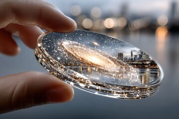 Creative hand holding a crystal with galaxy and cityscape reflection at dusk