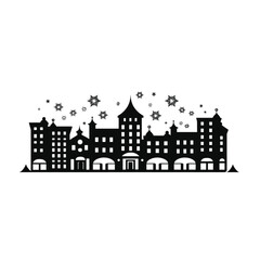 Fototapeta premium Charming silhouette of a historic cityscape with falling snowflakes