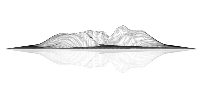 Vector landscape of mountains with reflection. Technology futuristic illustration. Vector background of wireframe 3d landscape.