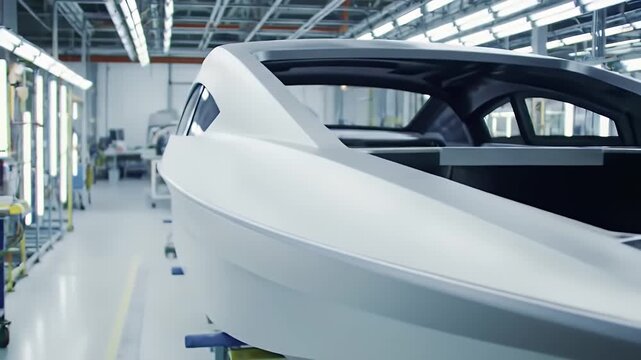 Electric Boat Factory Interior Modern Manufacturing Facility Emphasizing Sustainable Production with Gray Boat Frames Under Bright Lighting Showcasing Innovative Transportation Solutions