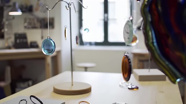 Elegant Recycled Glass Jewelry Studio Display with Soft Natural Lighting Showcasing Handcrafted Artisan Jewelry Craftsmanship in Detailed Studio Background for Adobe Stock