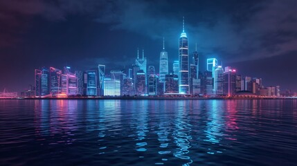 Obraz premium Futuristic illuminated skyline reflecting on water at night