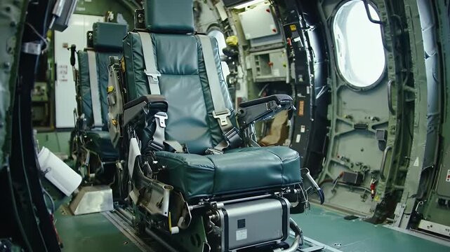 Emergency Ejection Seat Inside Aircraft Surrounded by Interior Framework with Window Light Emphasizing Aviation Safety and Critical Situation Preparedness Technology and Machinery