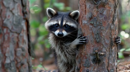 A curious raccoon peeking out from behind a tree trunk, its eyes wide and its paws gripping the bark