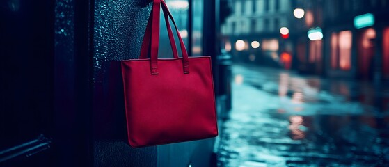 Red Tote Bag Hanging City Night Rain © Yonus