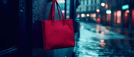 Red Tote Bag Hanging City Night Rain © Yonus