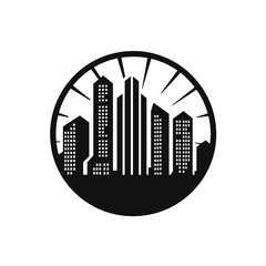 Modern city skyline silhouette inside a circle