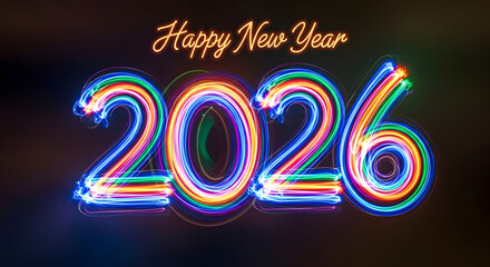 Colorful Happy New Year 2026 Neon Lights with Dynamic Glowing Effect on Dark Background