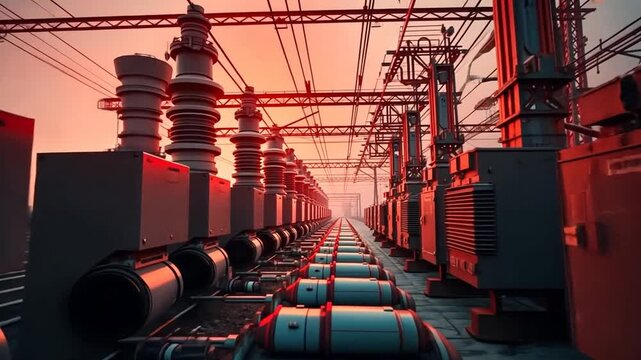 Sunset over Electrical Power Substation: Rows of industrial transformers and power lines at dusk, creating a dramatic and powerful image.