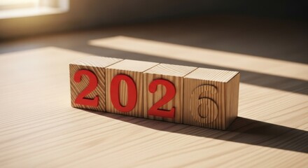 Wooden blocks read "2026" in red font on table with light