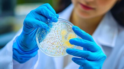 Laboratory scene featuring a researcher with protective gloves and a petri dish.