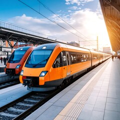 Naklejka premium Modern orange trains at a station in daylight
