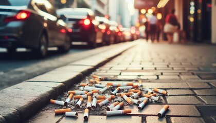 Cigarette butts left on the sidewalk in the city