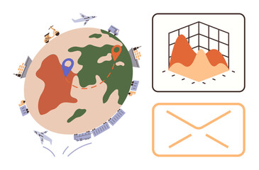 Globe with transport modes, shipping routes, 3D data graph, and an envelope. Ideal for logistics, business communication, global trade, shipping, data analysis networking simple flat metaphor