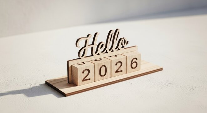 Wooden blocks reading "2026" with "Hello" atop, on a light textured surface