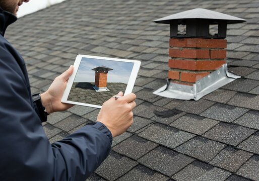A person on a rooftop holding a tablet displaying an image of a chimney, while inspecting the actual chimney.