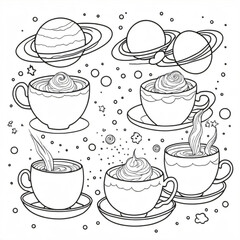 Minimilist outline drawing of coffee cups with whipped cream alongside planets and stars in a whimsical pattern design vector