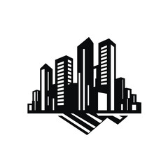 Modern cityscape silhouette with geometric mountain base