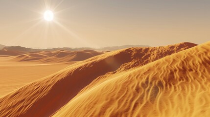 A desert scene with sand dunes glowing under the scorching sun, heat waves blurring the horizon.