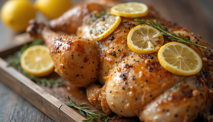 Close-up of roasted chicken with lemon slices and herbs on rustic wooden tray