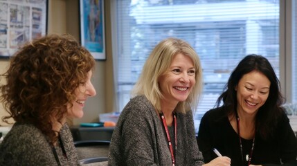 Three smiling colleagues in a meeting room, taking notes and collaborating at a table with natural window light; professional teamwork and training scene.