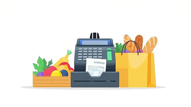 Cash register displaying a receipt next to a crate filled with fresh fruits and vegetables, and a yellow shopping bag filled with bread loaves, flat vector illustration.