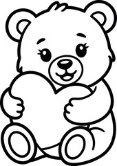 Cute cartoon bear holding heart shaped cushion black and white outline