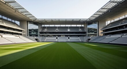Modern empty stadium with fresh green field and grandstands under clear sky sports arena architecture venue waiting for game event