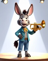 a 3d cartoon donkey with clothes standing on a stage with a trumpet, playing, confidently