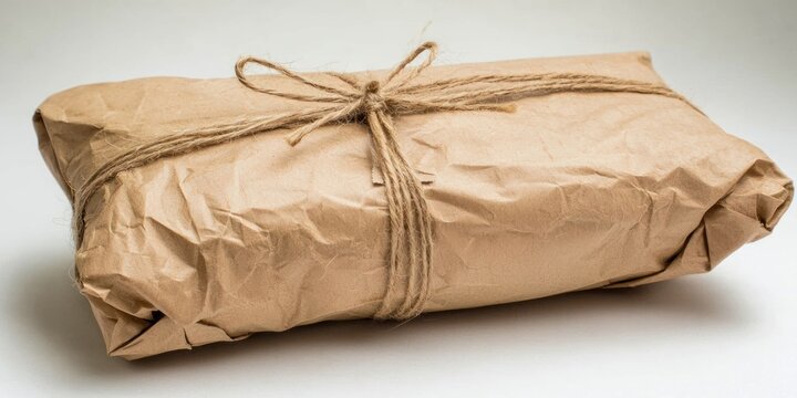 A rectangular package is wrapped in brown kraft paper and secured with twine. The paper is crumpled and wrinkled, suggesting it has been handled. 