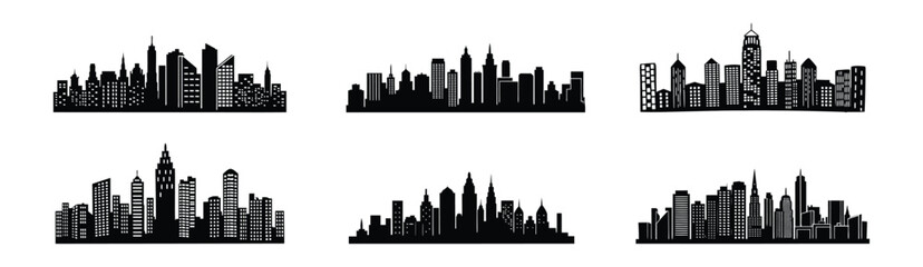 Obraz premium Six Unique Urban Cityscape Silhouettes Set Against a White Background Visual.