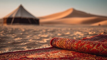 Rolled-up red carpet in desert, beside a tent
