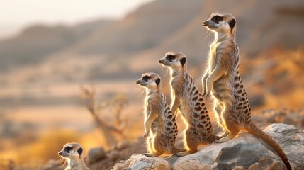 A family of meerkats standing upright on a rocky outcrop, scanning the horizon for danger