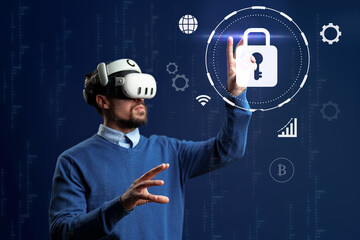 Virtual reality user interacts with digital security interface in a high-tech environment