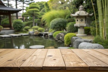Tranquil japanese garden with stone lantern and pond