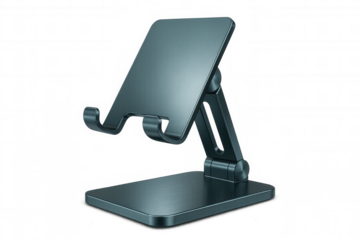 Adjustable metallic blue support for mobile devices, perfect for watching videos or videoconferencing, isolated on transparent background