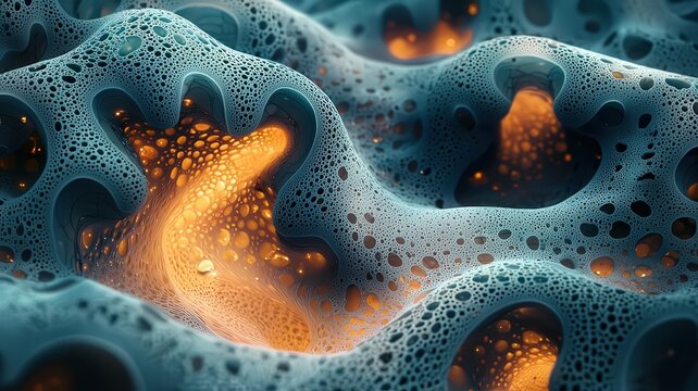 Abstract close-up of vibrat blue and orange organic extures, showcasing fluid otion and intricate patters, perfect for technology nd design themes.