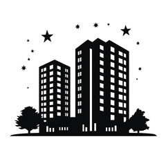 Silhouette of tall buildings and stars at night