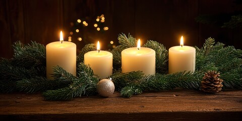 Four white pillar candles burn brightly on a wooden table, surrounded by a garland of fir branches and a pinecone. The candles are arranged in a row, casting a warm glow on the dark wooden surface. 
