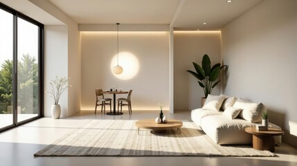 Serene Minimalist Living Space with Natural Light and Neutral Tones Featuring a Modern Sofa and Dining Area