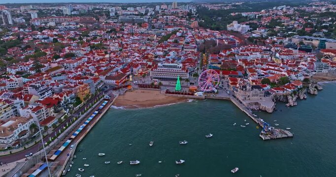 Aerial view of panorame portugese town Cascais city by sunset. Portugal