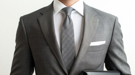 A man is wearing a gray suit, white shirt, and gray tie. He has a white pocket square in his breast pocket. The photo is taken from a low angle, focusing on the upper body. 