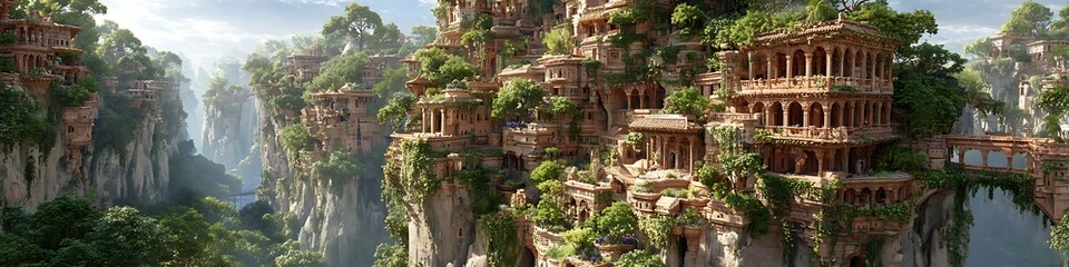 Obraz premium Lush canyon city with layered terracotta villas and hanging hydrofarms