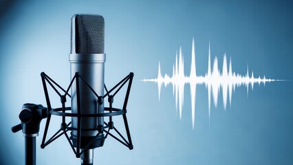 Professional studio microphone with sound wave background