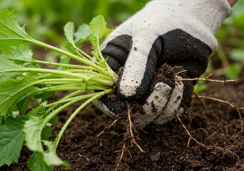Obraz premium Close-up of gloved hands carefully transplanting a young plant into soil.