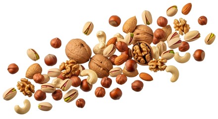 nuts isolated on white background , walnuts pistachios almonds cashews hazelnuts peanut